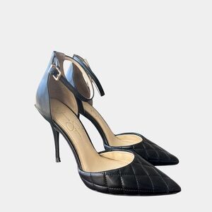 Jessica Simpson Black Quilted Pointed Toe Stiletto Heels | Ankle Strap | Size 10